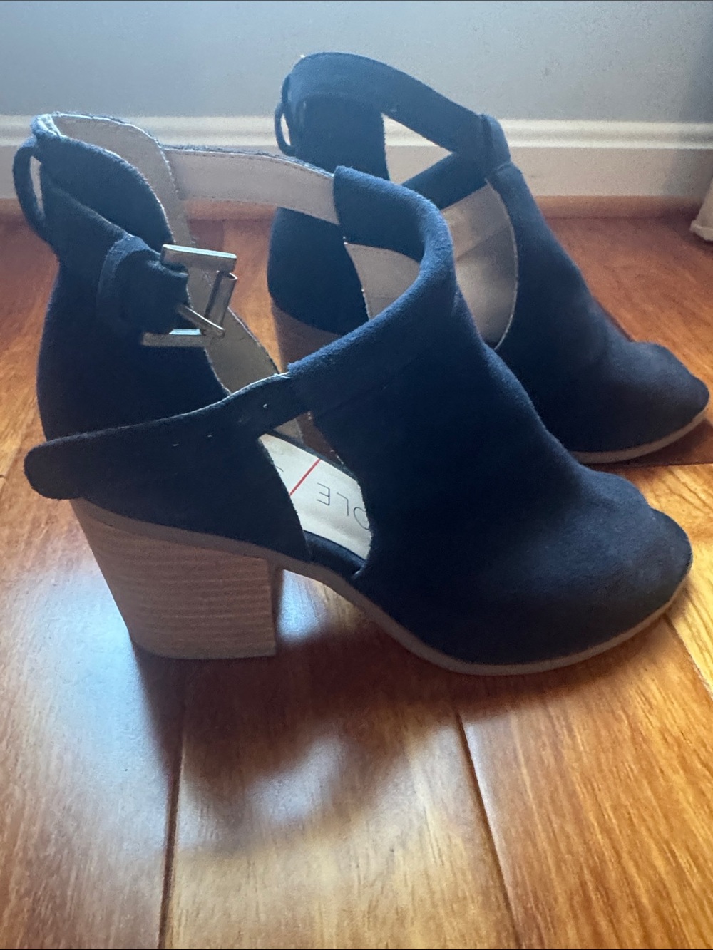 Sole Society Navy Suede Peep-Toe Ankle Booties with Buckle Strap